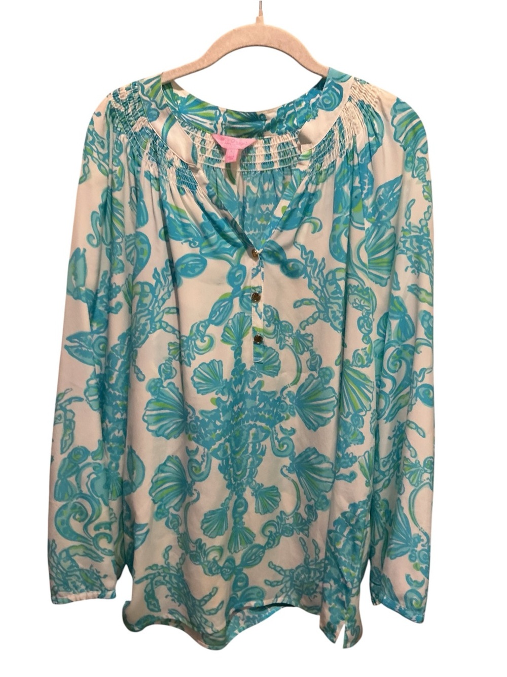 Lilly Pulitzer Women’s Elsa Blue/ White/ Green 100% Silk Blouse